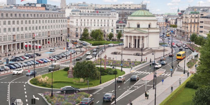 Plac trzech żywiołów – zieleń, piesi i rowerzyści na placu Trzech Krzyży