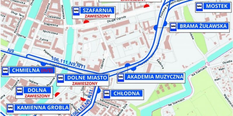 Remont na Dolnym Mieście, objazd dla autobusów linii 106, 111, N9 i N11