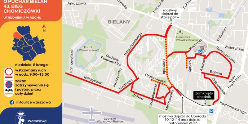 Wydarzenia biegowe na Bielanach - utrudnienia drogowe na Chomiczówce  w niedzielę 8 lutego